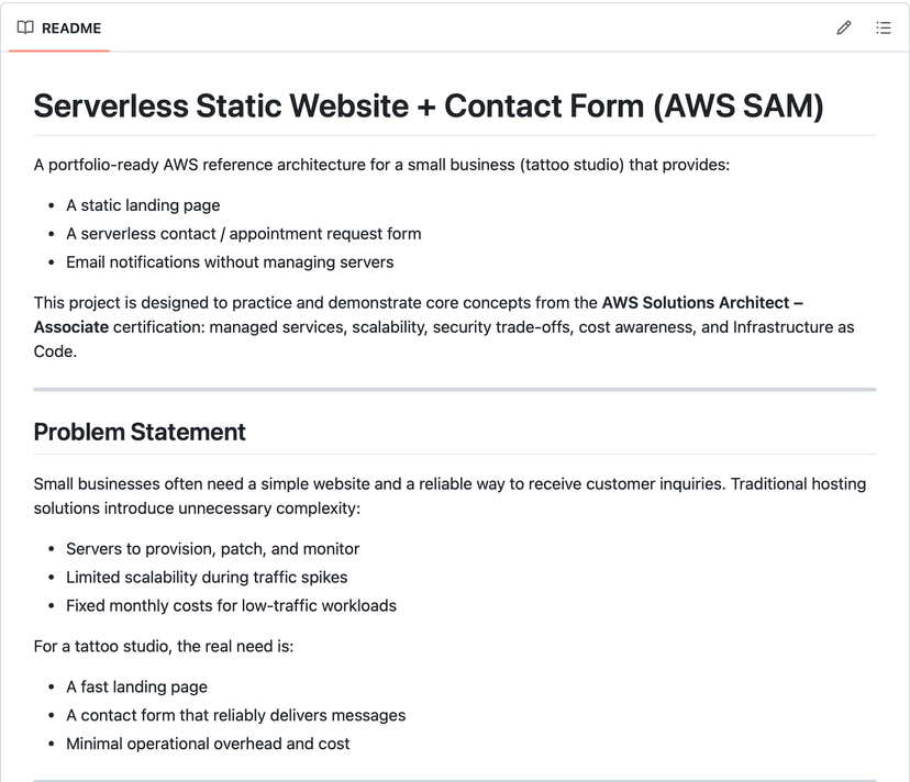 Serverless Static Website + Contact Form (AWS SAM)
